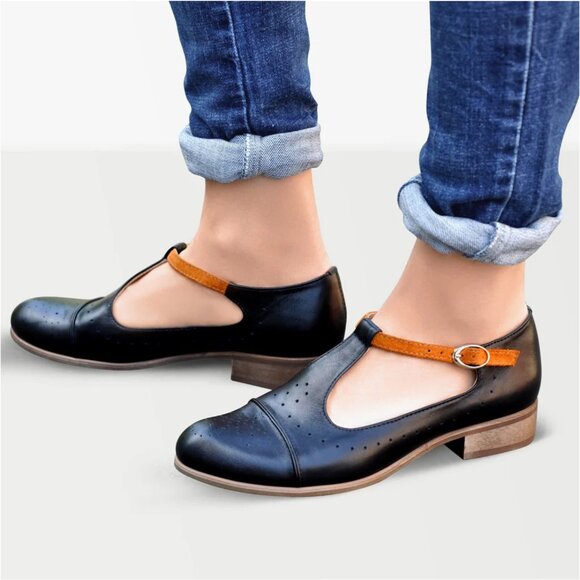 JULIA BO | Leather Mary Jane Brogues Shoes in Black | Sz 8 - Picture 4 of 16